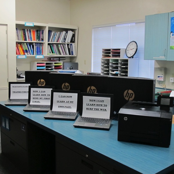 Four Hewlett Packard laptops and a printer donated by Teresa O'Neill.