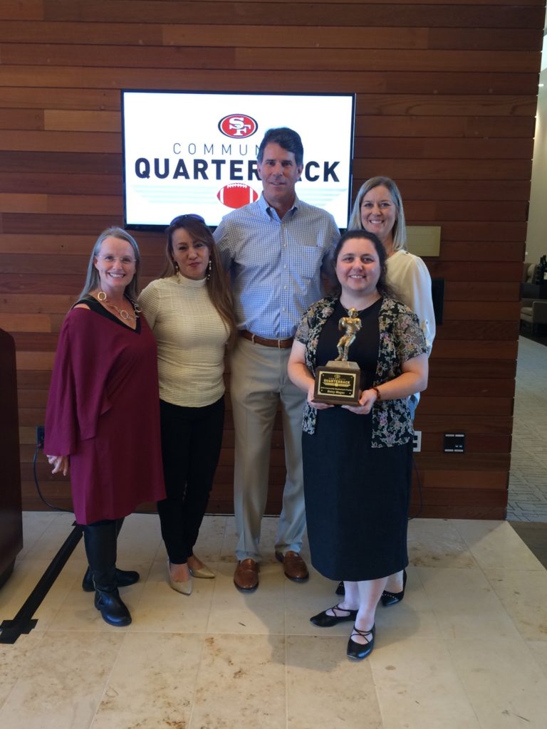 Elizabeth Morris, Mireya Calderon, Steve Bono, Betsy Megas, and Tracy Wingrove at the 49ers Community Quarterback Lunch celebration.
