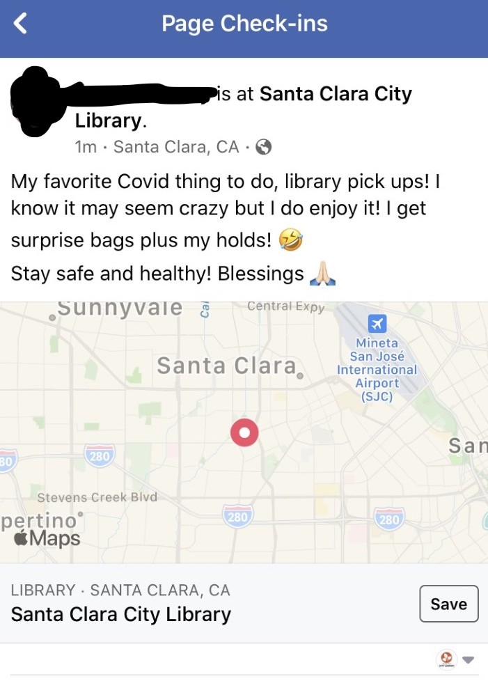 Facebook post of someone enjoying their library pick-ups at The Santa Clara City LIbrary