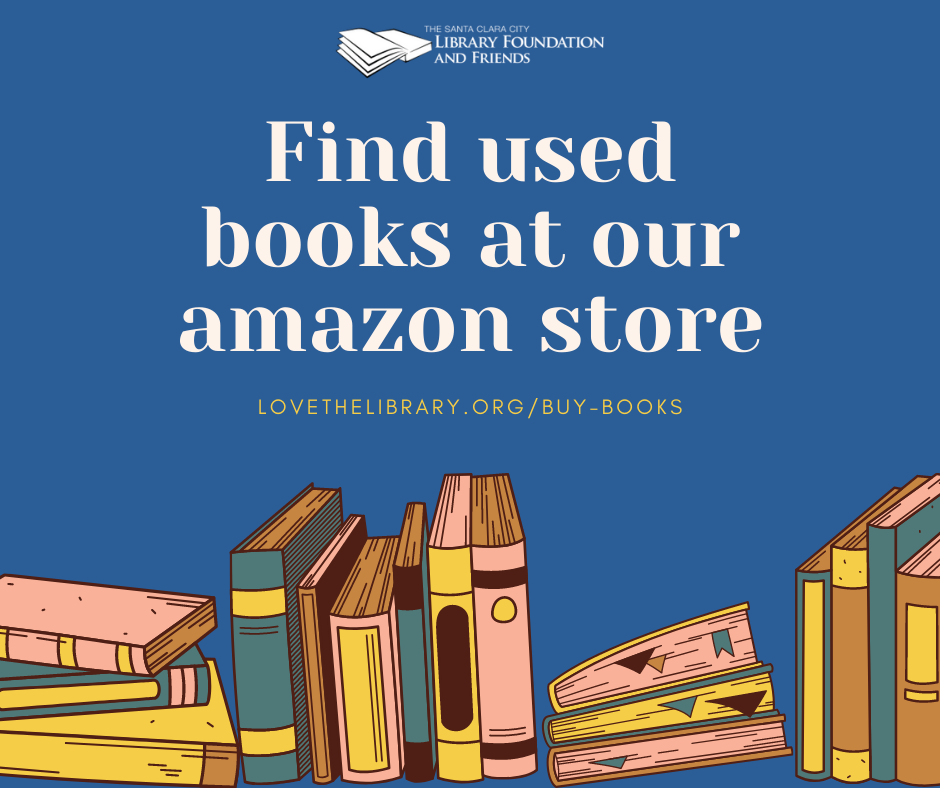 a blue, yellow, and pink graphic advertising The Santa Clara City Library foundation and friends' bookstore on amazon