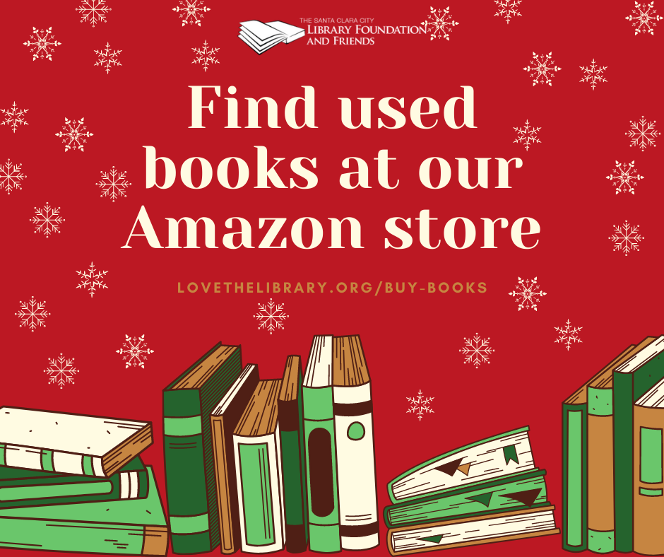 red and green graphic to promote buying books from The Santa Clara City Library foundation and friends' amazon book store