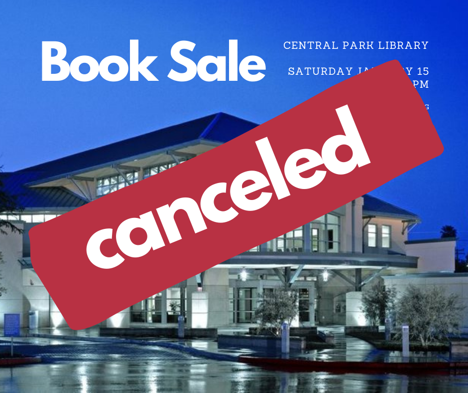 graphic announcing that the Friends of The Santa Clara City Library's monthly book sale has been cancelled