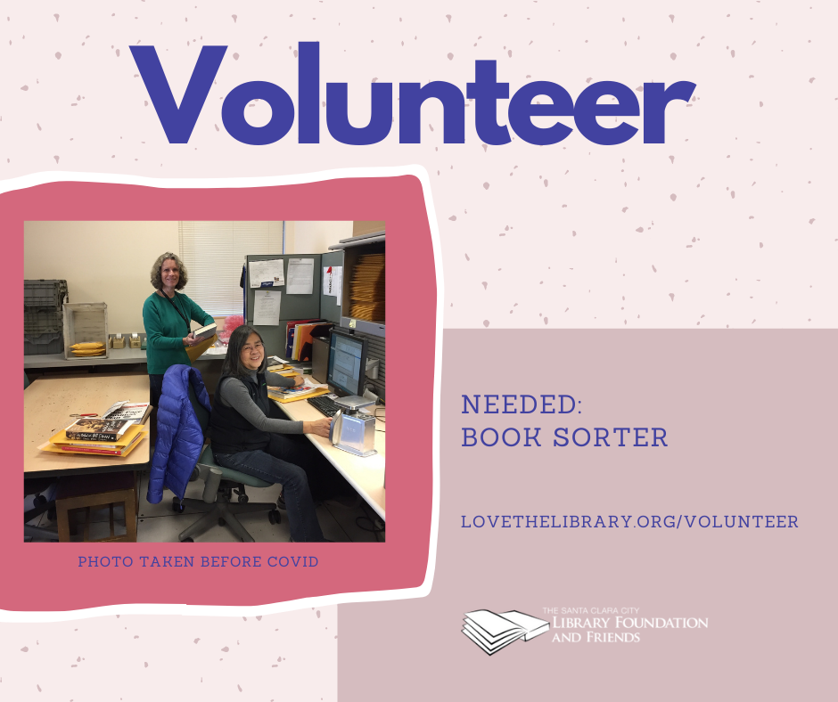 Pink graphic asking for volunteers to help The Santa Clara City Library Foundation and Friends sort their book, music, and movie donations