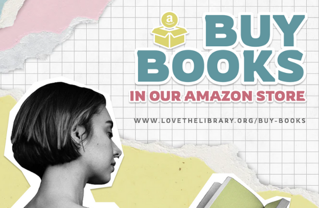 a pale-colored graphic promoting the Friends of The Santa Clara City Library's online bookstore at Amazon