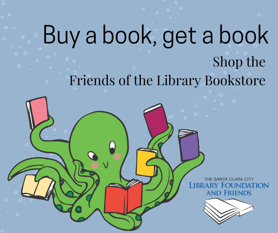 Advertising the buy a book get a book promotion in the Santa Clara city library foundation & friends bookstore for the September 2022 book sale at Central Park library