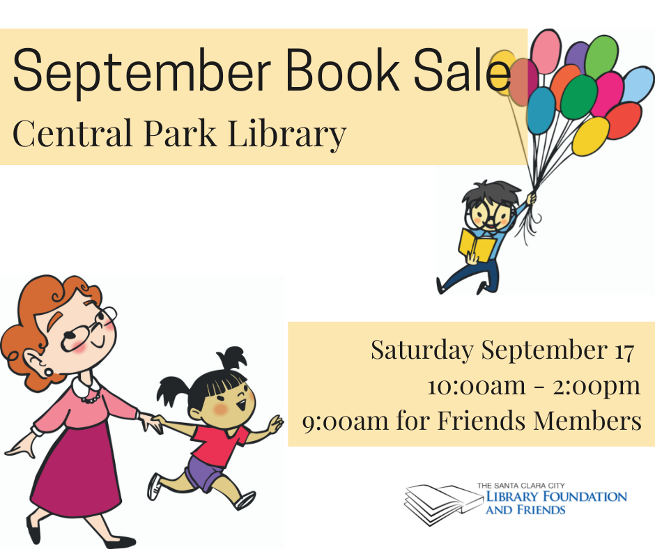 A graphic advertising the Friends of the Santa Clara city library's September 2022 book sale at the Central Park Library