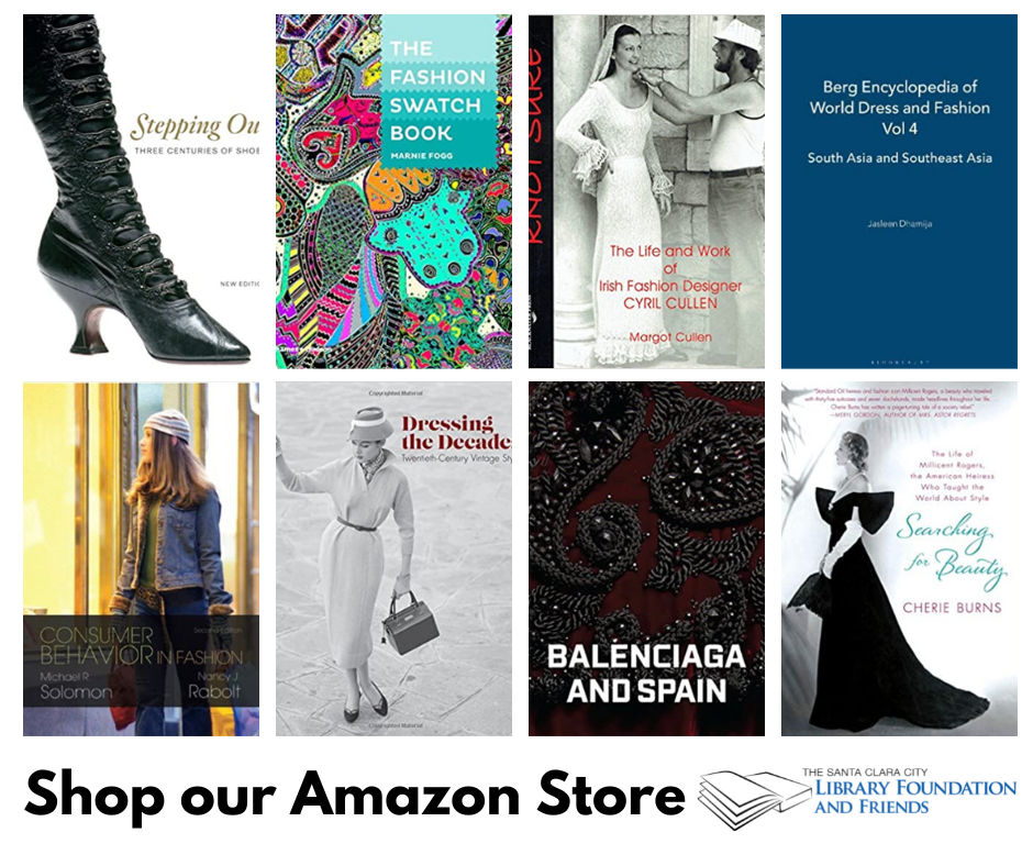 a grid of eight fashion books available for sale as of September 29, 2022 in the friends of the Santa Clara city library online bookstore