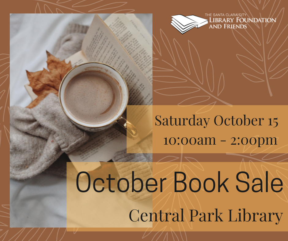 an autumnal graphic advertising the friends of the Santa Clara city library's October book sale on October 15 at the Central Park Library