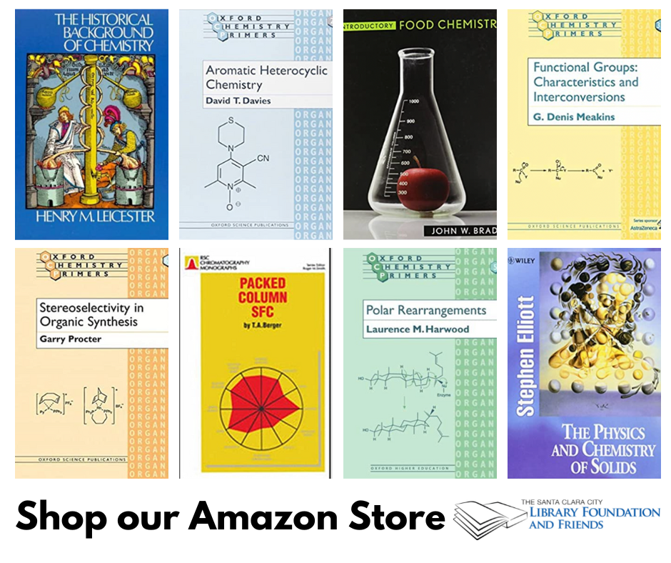 a grid of eight chemistry books for sale in the friends of the Santa Clara city library online bookstore