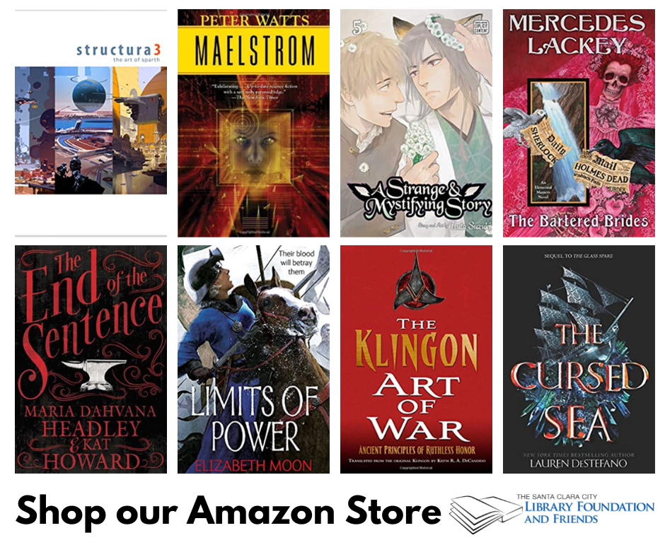 a grid of eight science fiction and fantasy books for sale in the Santa Clara city library foundation and friends online bookstore.