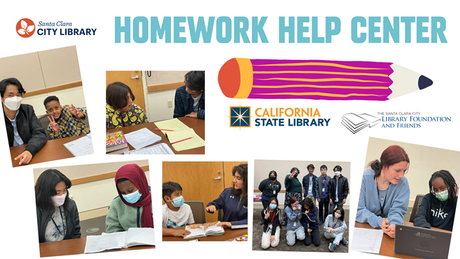 Teens Learn and Lead graphic from the Santa Clara City Library for their homework help center. This program is sponsored by the Santa Clara City Library Foundation and Friends along with the California State Library