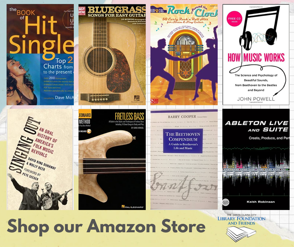 A selection of books about music and music production available for sale in the Friends of the Santa Clara City Library online book store